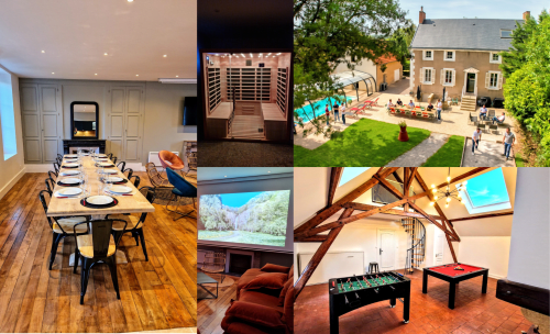Vindihouses Epinac B&B: dining room, sauna, courtyard, entertainment space with foosball and media room