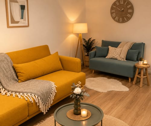 Salon confortable à Le Paradis Des Logis avec canapé moutarde, sièges gris, lampadaire trépied et décor moderne à Pierrefitte-sur
