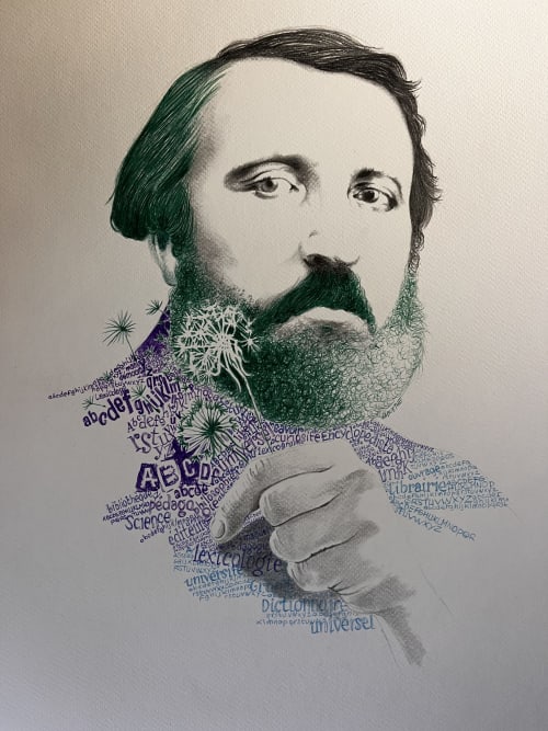 Portrait illustration with educational text overlay, Domaine de l'Ocrerie, Pourrain