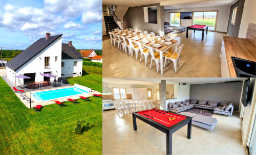 Vindihouses Epinac BnB: Modern vacation rental with pool, dining area, billiards table and lounge space