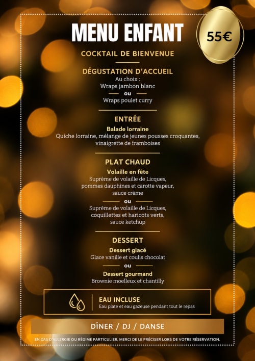 Menu enfant 55€ au Domaine d'Hérambault : cocktail de bienvenue, entrée, plat et dessert