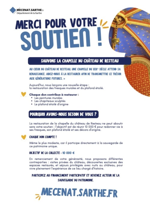 Campagne de financement pour la restauration de la chapelle du château de Resteau à Maigné, France