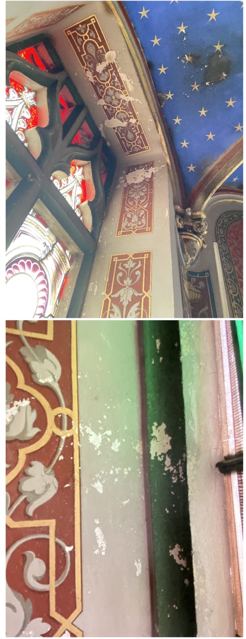 Détails de plafond orné avec motifs de chérubins et panneau bleu étoilé à Resteau B&B, Maigné, France