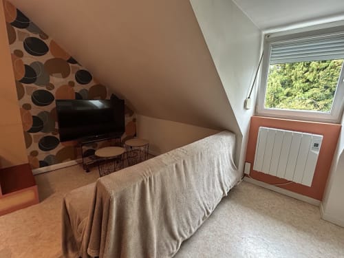 Chambre sous les toits de l'Hébergement Luxeuil Les Bains avec lit, TV, radiateur et vue sur le jardin