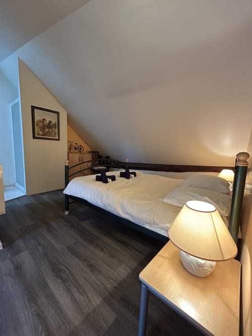 Chambre cosy de l'appartement Le Duplex à Hébergement Luxeuil Les Bains, avec lit aux draps blancs et lampes de chevet