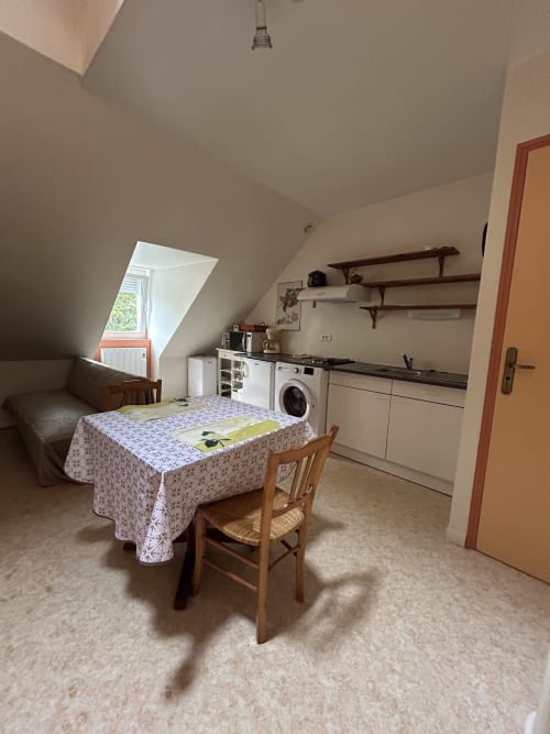 Cuisine et salle à manger mansardées avec table, lave-linge et vue sur jardin par puits de lumière à Luxeuil-les-Bains