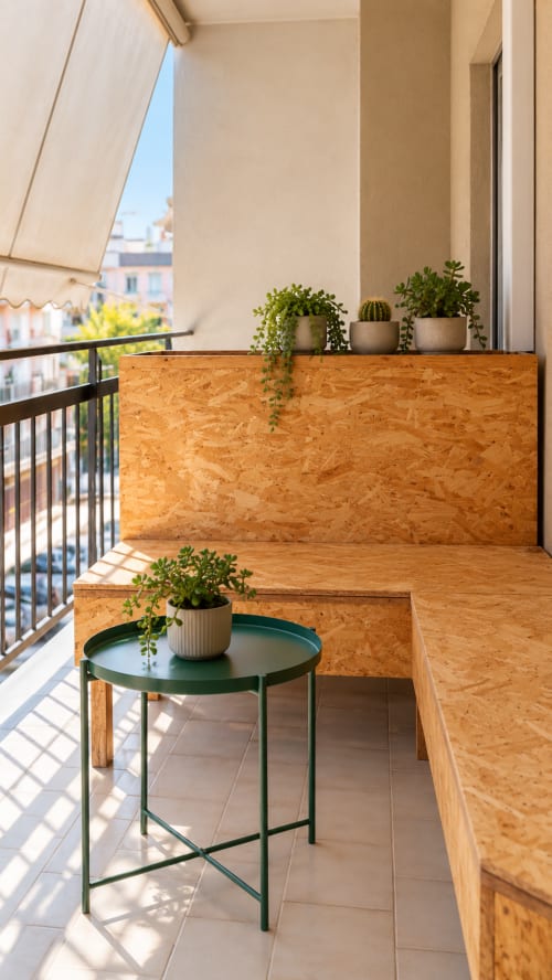 Balcone soleggiato con fioriere in sughero, tavolo verde e vista sulla città presso Easystay Bari Apartment in Italia