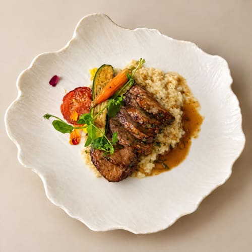 Seared duck breast with risotto and roasted vegetables at Ô Château, Hayange