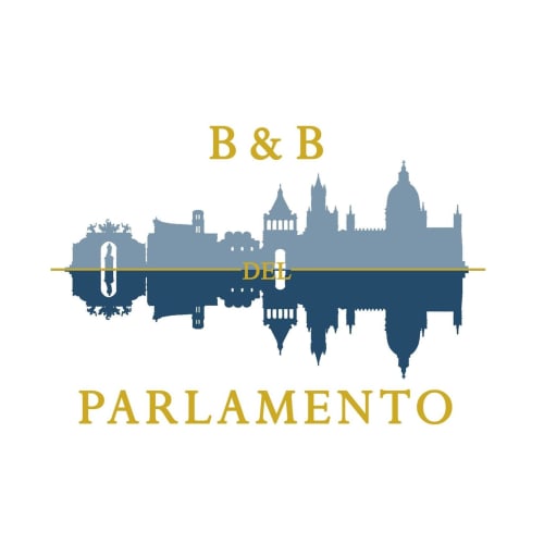 Logo del B&B del Parlamento con sagoma dello skyline di Palermo, testo dorato e architettura blu