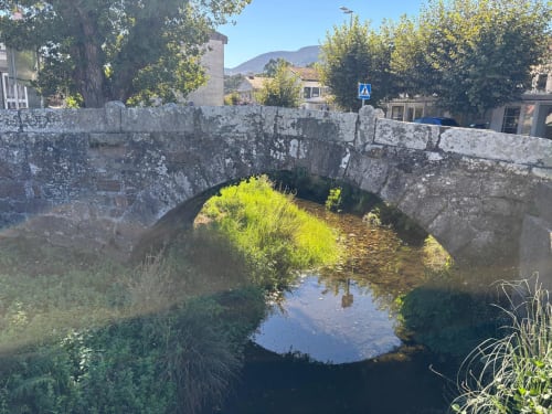 Histórico puente de piedra sobre arroyo con exuberante vegetación en Baiona, España
