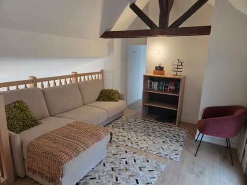 Acogedor apartamento estilo loft en NN Patrimoine, Douvaine con sofá beige, sillón burgundy y vigas de madera vista