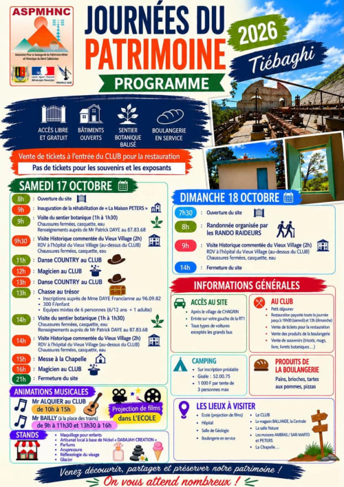 Heritage Days 2026 program for Tiébaghi, Koumac featuring botanical gardens, historic village tours, and local crafts