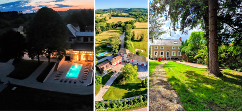 Vindihouses B&B in Epinac: luxury rural retreat with illuminated pool, pastoral countryside views, and elegant stone mansion