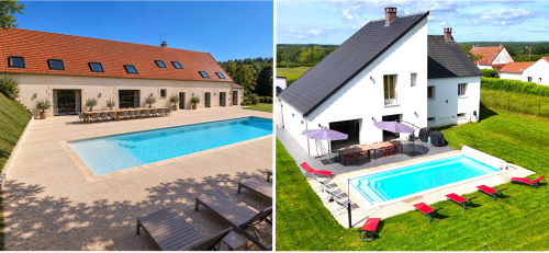 Two modern vacation homes with pools at Vindihouses in Epinac, France - outdoor spaces with sundecks and green gardens