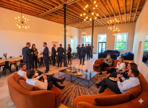 Modern lounge at Vindihouses B&B Epinac with guests socializing on orange seating, wooden beams, and contemporary lighting.