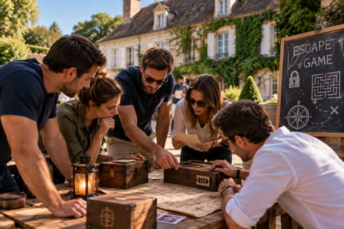 Group enjoying outdoor escape game at Vindihouses B&B in Epinac with French countryside mansion backdrop