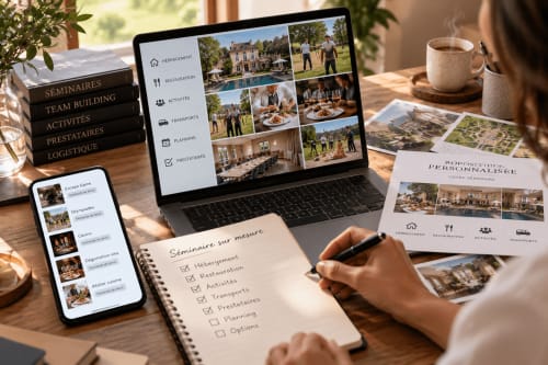 Event planning workspace for Vindihouses B&B in Epinac, France, showing laptop, smartphone, brochures and checklist for