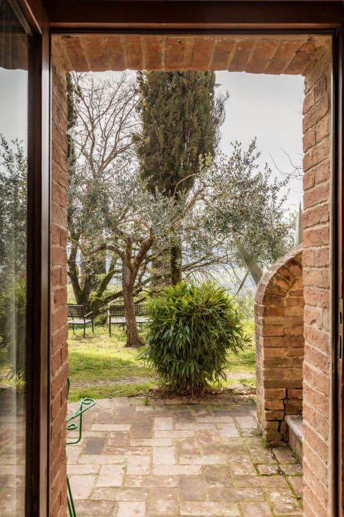 Vista del giardino dall'appartamento Appaloosa dell'hotel Quarantallina a Buonconvento, con ulivi e posti a sedere in patio