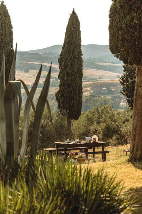 Pic-nic nella campagna toscana con cipressi e dolci colline vicino all'hotel Buonconvento
