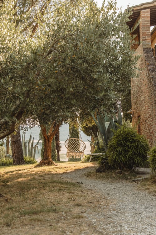 Cortile di villa toscana con ulivi, sedia sospesa e sentieri in pietra all'hotel Quarantallina di Buonconvento