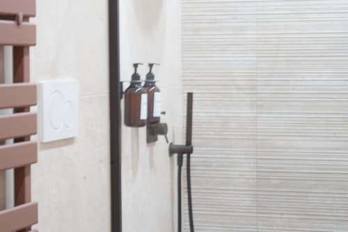 Amenities bagno presso Domusè Napoli - dispenser di sapone e finiture doccia nella camera San Gennaro
