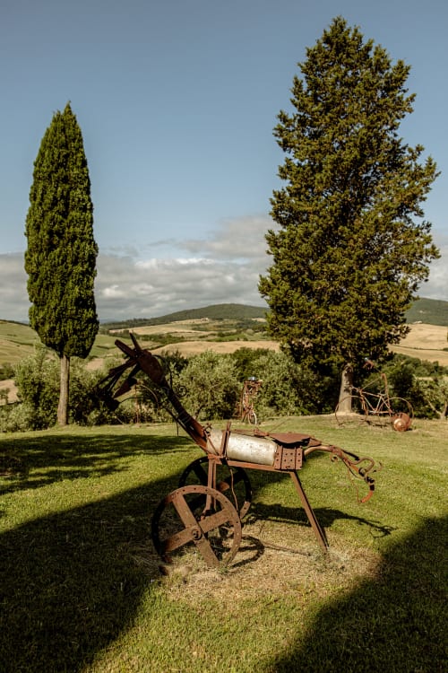 Attrezzature agricole rustiche nel giardino della campagna toscana con cipressi e colline ondulate vicino a Buonconvento