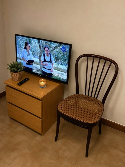 Zona living dell'appartamento La piccola di casa di Tania a Terlizzi con TV, scrivania in legno, sedia in rattan e pianta in vaso