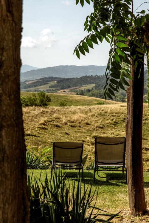 Due sedie a sdraio su una collina toscana con vista su verdi campi e vigneti vicino a Buonconvento