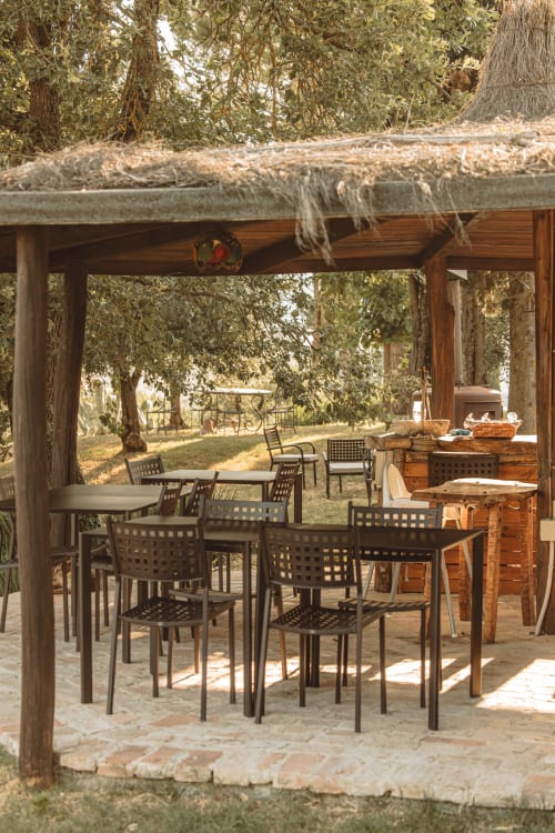 Area ristorazione rustica con tavoli e sedie in legno tra gli alberi dell'hotel Quarantallina a Buonconvento, Italia