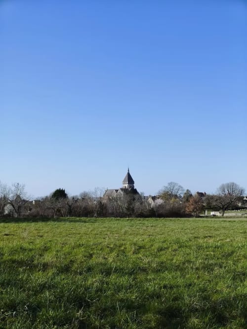 Prairie verte avec le clocher de l'église au loin au gîte Le Clos d'Émilie, Saint-Marcel, France