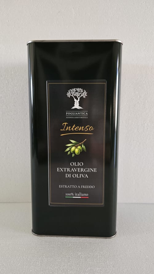 Latta di olio extravergine di oliva Fogliantica, varietà Intenso, 100% italiano da Ceglie Messapica