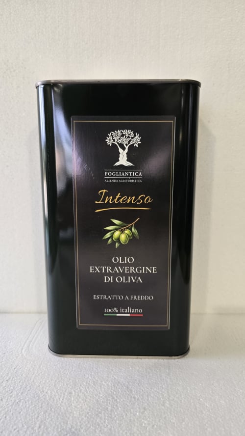 Latta di olio extravergine di oliva Fogliantica, varietà Intenso, 100% italiano da Ceglie Messapica
