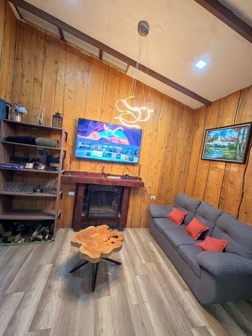 Acogedora sala de estar en villa Volcán Irazú con paneles de madera, sofá gris, chimenea, TV y arte con vista a la montaña.