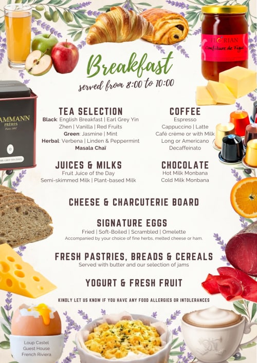 Menu petit-déjeuner Loup Castel : viennoiseries, fromages, œufs, café, thé et fruits frais