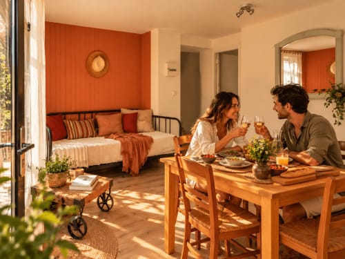 Couple dînant dans la salle La Bohême au gîte de Chaparon, Lathuile, avec mur accent orange et vue montagne