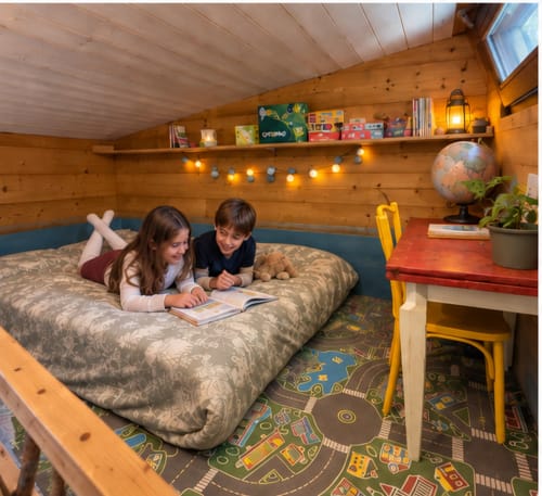 Deux enfants lisant dans la chambre douillette d'un petit gîte au Chaparon, Lathuile, avec éclairage chaleureux et décor montagnard