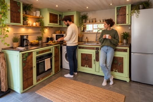 Cuisine minuscule aux tons verts et marrons du gîte de Chaparon à Lathuile, avec un couple cuisinant ensemble, plantes et