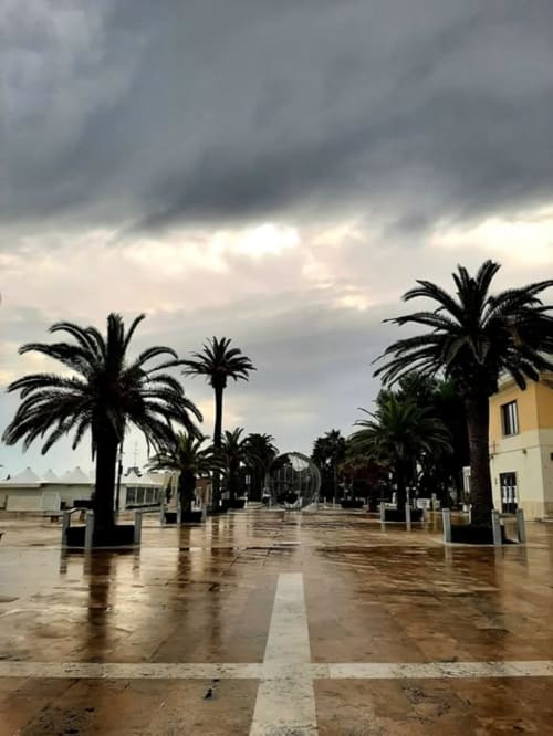 Passeggiata bagnata con palme a Le Rooms, Italia dopo la pioggia con cielo nuvoloso