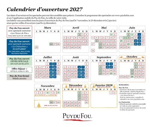 Calendrier d'ouverture 2027 du Puy du Fou pour l'hébergement à Les Herbiers, France - Maison Marie Barrault