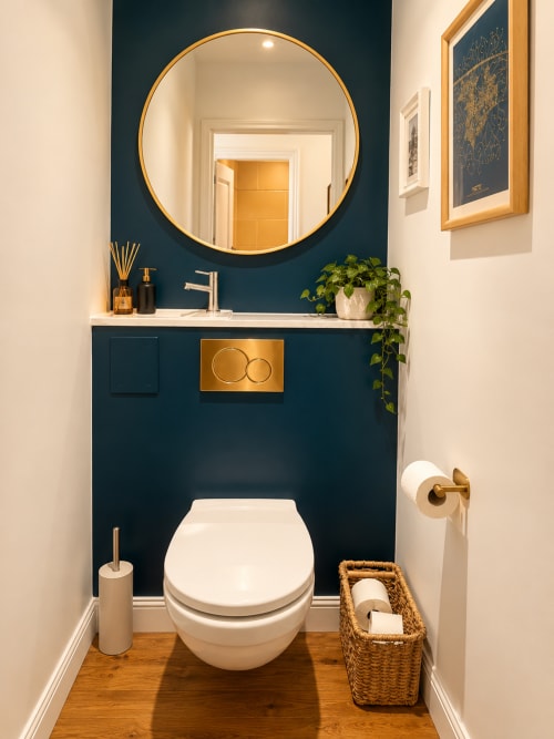 Salle de bain moderne à Mattbnb Metz avec murs bleu-vert, miroir rond doré, lavabo blanc et toilettes murales