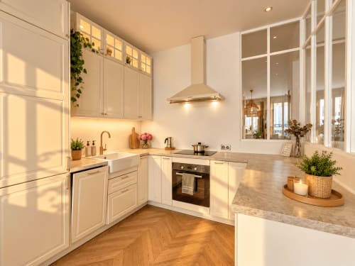 Cuisine moderne blanche avec électroménagers en acier inoxydable et comptoirs gris à l'appartement Mattbnb de Metz