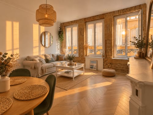 Salon lumineux d'un appartement messin avec parquet, murs en brique, lampe suspendue tissée, canapé beige et vue sur la ville