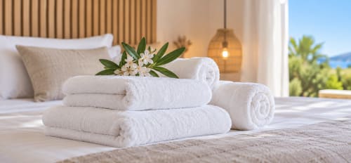 Serviettes de luxe pour spa avec fleurs fraîches sur le lit à VillaSerenita, boutique hôtel avec vue mer sur balcon