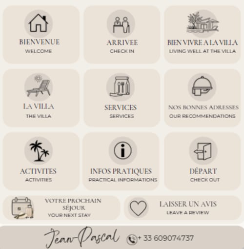 Menu client de VillaSerenita à Alata avec accueil, enregistrement, services, activités et options de réservation