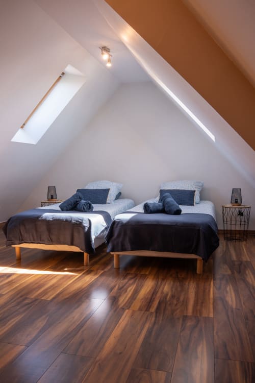 Luminoso dormitorio abuhardillado en la casa rural Les Ambrades de Colmar con dos camas gemelas, tragaluces, suelos de madera y equipamiento moderno