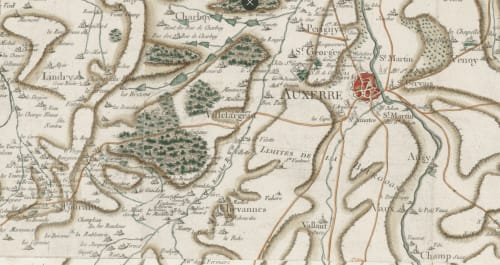Carte ancienne de la région d'Auxerre montrant Chevannes, France et villages environnants