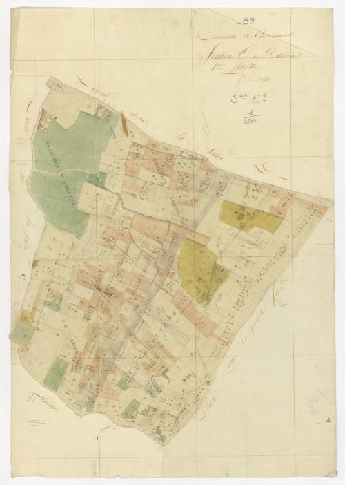 Carte historique du domaine du Château de Ribourdin à Chevannes, France avec parcelles cadastrales colorées