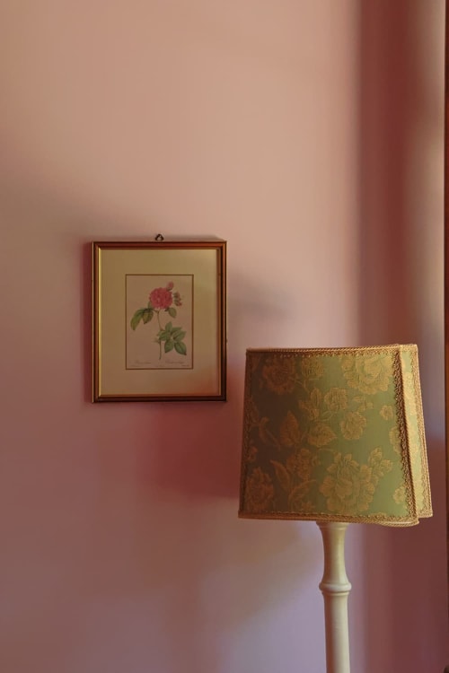 Parete rosa nell'appartamento Rosa di La Casa dei Tigli con stampa botanica di rosa incorniciata e lampada damasco verde