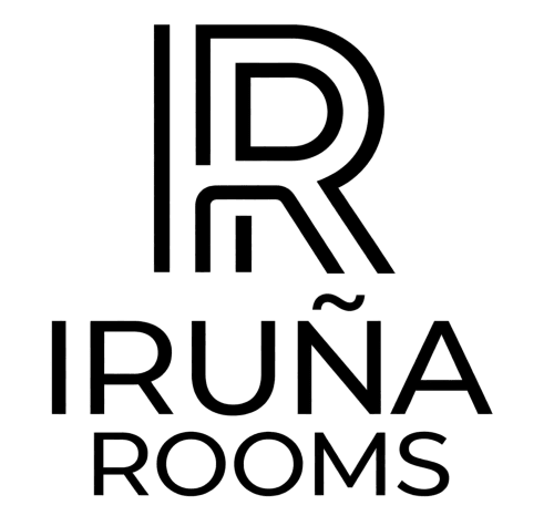 Logo de Hostal Iruña Rooms, diseño minimalista en negro con letras IR estilizadas