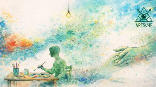 Silhouette artistique d'un peintre à son chevalet créant une aquarelle colorée, symbole de créativité et d'hospitalité à la Maison